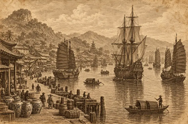 Holzstich-Illustration eines südostasiatischen Hafens mit europäischem Segelschiff, Dschunken und Tonkrügen