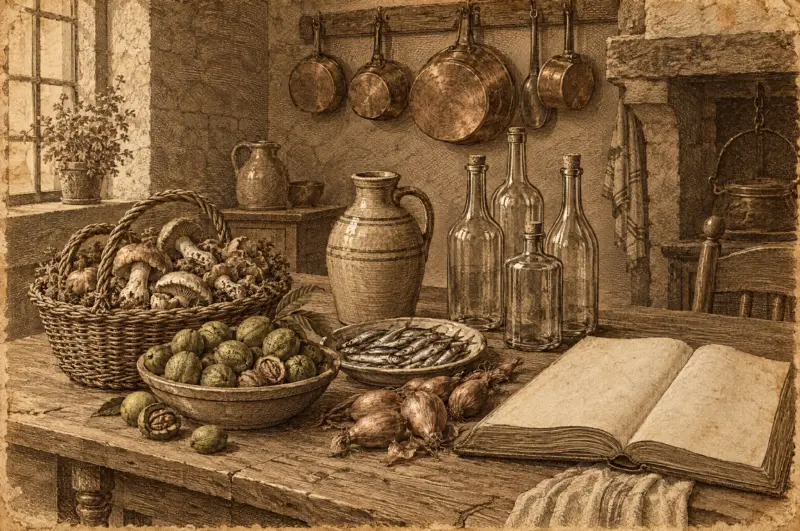 Kupferstich-Illustration einer englischen Küche mit Pilzen, Walnüssen, Sardellen und leeren Flaschen