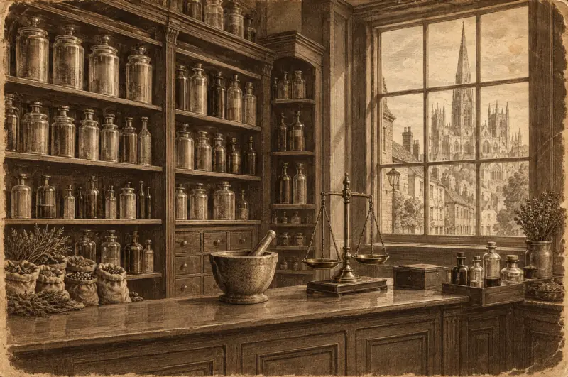 Holzstich-Illustration einer viktorianischen Apotheke mit Regalen voller Gläser, Mörser und Waage