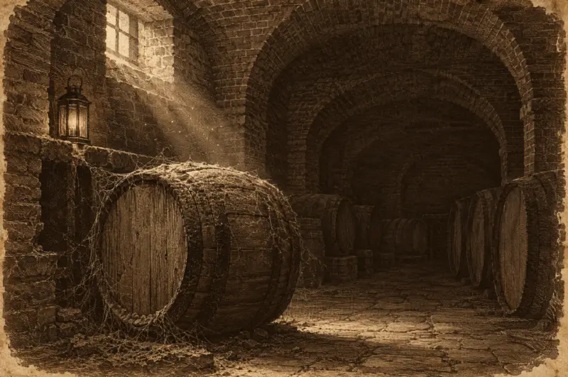Kupferstich-Illustration eines dunklen Gewölbekellers mit einem verstaubten Holzfass im Lichtstrahl