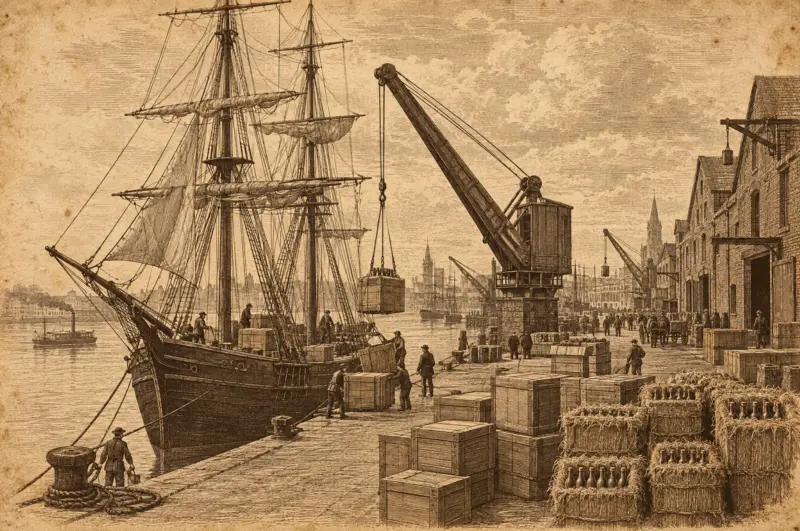 Holzstich-Illustration eines viktorianischen Hafenkais, an dem Kisten mit Flaschen auf ein Segelschiff verladen werden