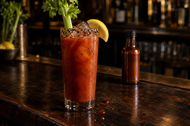 Bloody Mary mit Selleriestange und Zitrone auf einem dunklen Bartresen