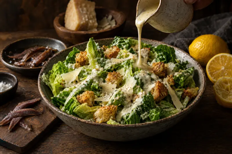 Caesar Salad mit Croutons und Parmesan, Dressing wird aus einem Kännchen darübergegossen