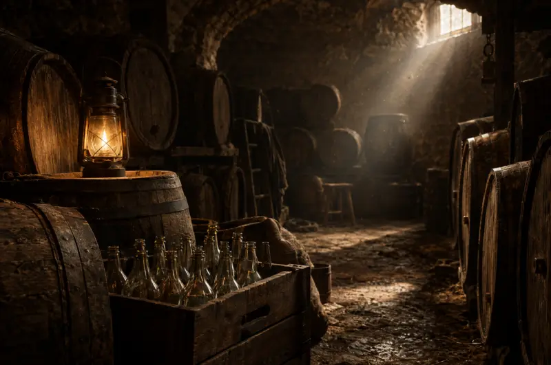 Historischer Keller mit Eichenfässern und einer Kiste Glasflaschen im Laternenlicht