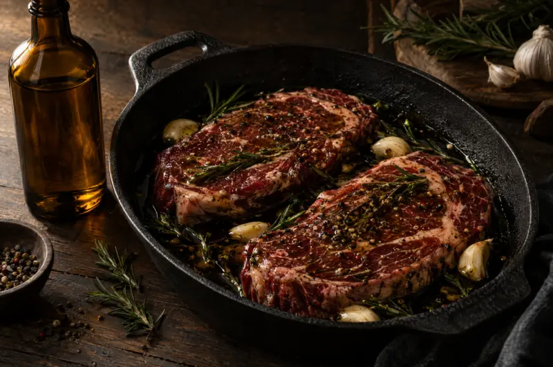 Zwei Ribeye-Steaks in dunkler Marinade mit Knoblauch und Rosmarin in einer Gusseisenpfanne