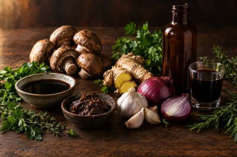 Zutaten für vegane Worcestersauce: Tamari, Tamarindenpaste, Pilze, Ingwer, Knoblauch und rote Zwiebeln