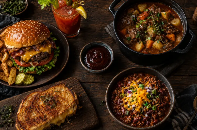 Gedeckter Tisch mit Burger, Eintopf, Chili, Käsetoast und Bloody Mary rund um ein Schälchen Worcestersauce