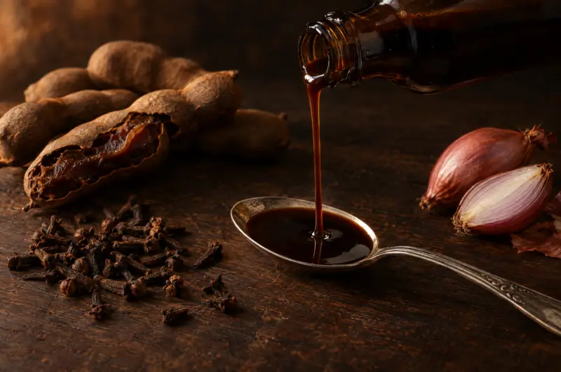 Dunkle Würzsauce läuft aus einer Flasche ohne Etikett auf einen Silberlöffel, daneben Tamarindenschoten, Nelken und Schalotten