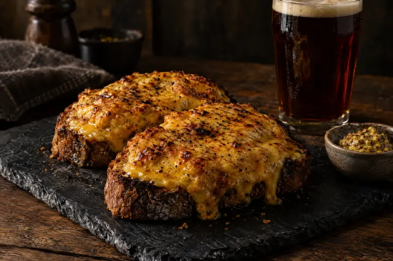 Welsh Rarebit: geröstetes Brot mit goldbraun überbackener Cheddar-Sauce, daneben ein Glas dunkles Bier