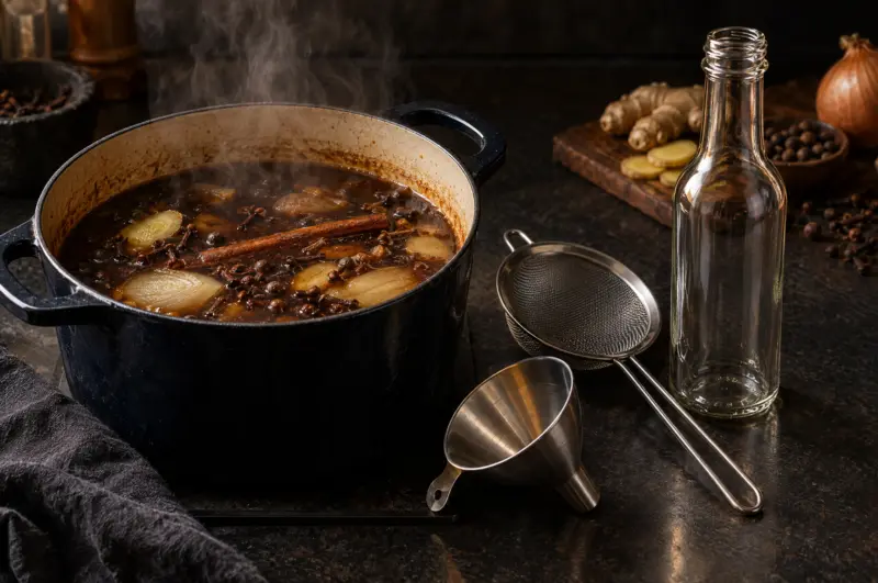 Selbstgemachte Worcestersauce köchelt mit Gewürzen im Topf, daneben Sieb, Trichter und eine leere Flasche