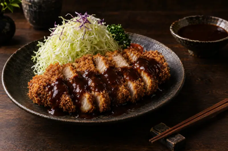 Japanisches Tonkatsu mit dicker brauner Sauce und Weißkohl