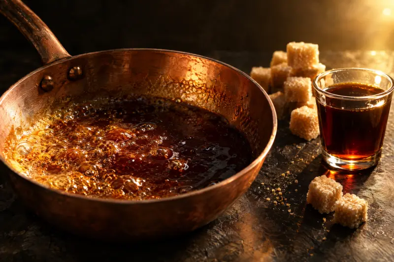 Zucker karamellisiert in einer Kupferpfanne zu dunklem Karamell, daneben Zuckerwürfel und ein Glas Zuckerkulör