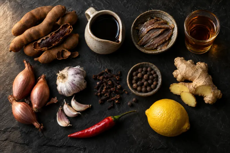 Zutaten der Worcestersauce von oben: Tamarinde, Melasse, Sardellen, Malzessig, Schalotten, Knoblauch, Nelken, Piment, Ingwer, Chili, Zitrone
