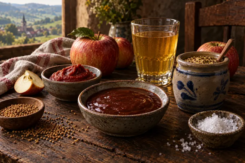 Symbolbild zur Altenburger Original Worcester Sauce: Schälchen mit dunkler Würzsauce mit Tomatenmark, Apfelwein, Äpfeln, Senfsaat und Salz – nicht das Produkt