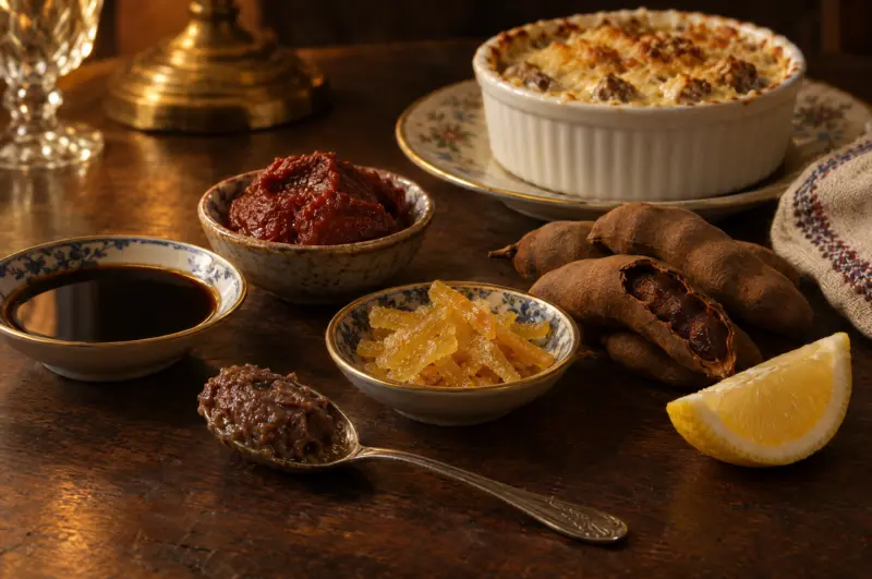 Symbolbild zur Exzellent Worcester Sauce: Schälchen mit dunkler Würzsauce mit Sardellenpaste, Tamarinde, Tomatenmark, Zitronenschale und Würzfleisch im Hintergrund – nicht das Produkt