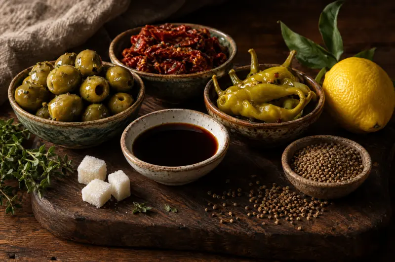 Symbolbild zur Feinkost Dittmann Worcestershire Sauce: Schälchen mit dunkler Würzsauce zwischen Oliven, getrockneten Tomaten, Peperoni und Zitrone – nicht das Produkt
