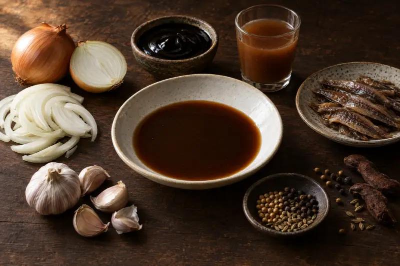Symbolbild zur Heinz Worcester Sauce: Schälchen mit dunkler Würzsauce mit Zwiebeln, Knoblauch, Melasse, Tamarindensaft und Sardellen – nicht das Produkt