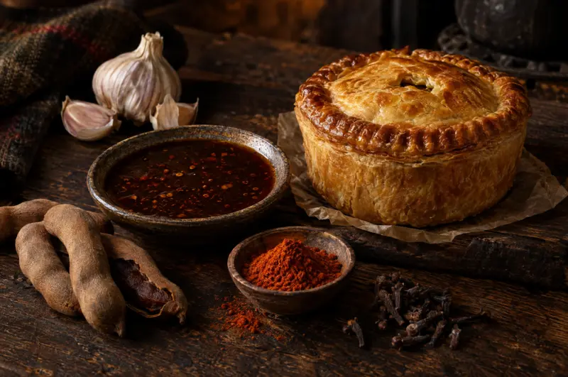 Symbolbild zur Henderson's Relish: Schälchen mit dunkler Würzsauce mit Cayennepfeffer, Nelken, Tamarinde und Knoblauch, im Hintergrund eine Fleischpastete – nicht das Produkt