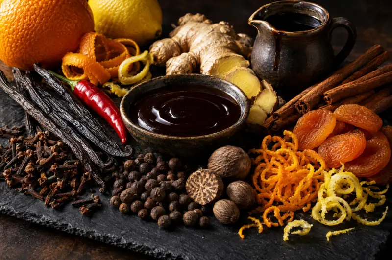 Symbolbild zur Kattus Worcester Sauce: Schälchen mit dunkler Würzsauce mit Vanille, Nelken, Piment, Ingwer, Muskat, Zimt, Aprikosen, Orangenschale und Melasse – nicht das Produkt