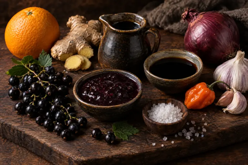 Symbolbild zur Lacroix Bio Worcester-Sauce: Schälchen mit dunkler Würzsauce mit Balsamico, Tamari, Johannisbeeren, Orange, Ingwer, Zwiebel und Habanero – nicht das Produkt