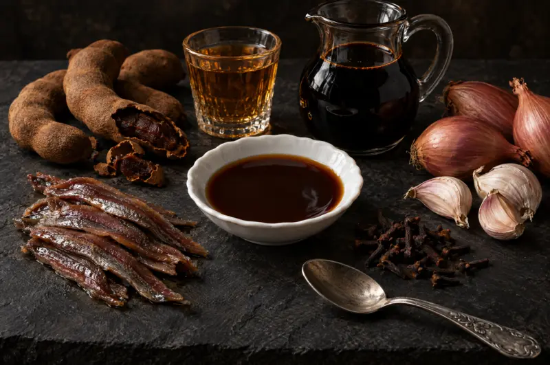 Symbolbild zur Lea & Perrins Worcestershire Sauce: Schälchen mit dunkler Würzsauce mit Sardellen, Tamarinde, Malzessig, Melasse, Schalotten, Knoblauch und Nelken – nicht das Produkt