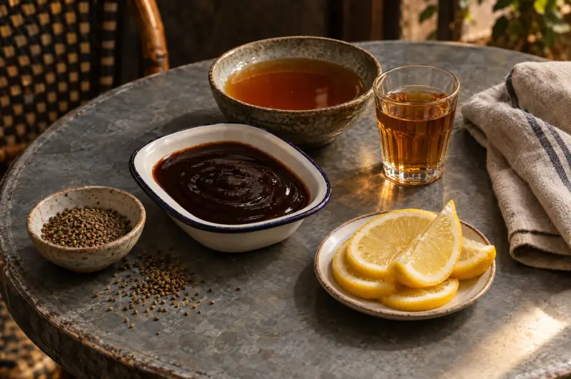 Symbolbild zur Maître Marcel Worcestershire Sauce: Schälchen mit dunkler Würzsauce mit Zitronenscheiben, Zuckersirup, Selleriesaat und Malzessig auf einem Bistrotisch – nicht das Produkt