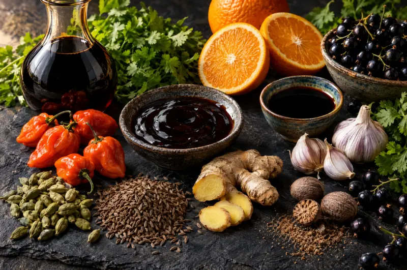 Symbolbild zur Sanchon Bio Würzsauce Worcestershire: Schälchen mit dunkler Würzsauce mit Balsamico, Tamari, Habanero, Kardamom, Kreuzkümmel, Koriander, Ingwer, Orange und Johannisbeeren – nicht das Produkt