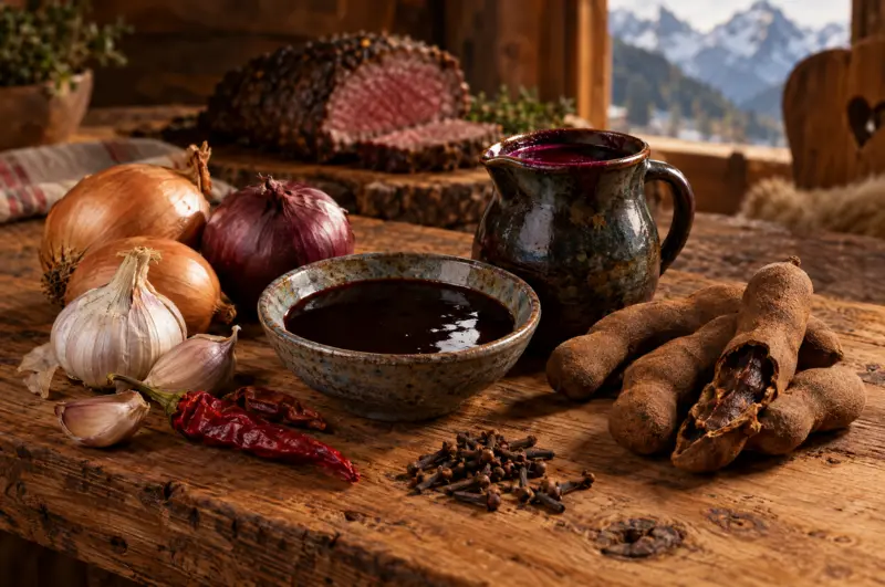 Symbolbild zur Schenkel Worcester Sauce: Schälchen mit dunkler Würzsauce mit Rübenmelasse, Tamarinde, Zwiebeln, Knoblauch, Cayennepfeffer und Nelken – nicht das Produkt